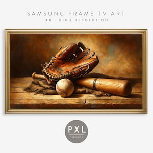 Puede incluir: Un guante de béisbol vintage, un bate y una pelota dispuestos sobre una superficie de madera. El guante es de cuero marrón con costuras blancas y el bate es de madera con un acabado marrón. La pelota de béisbol es blanca con costuras rojas.