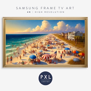 Puede incluir: Una pintura que representa una escena de playa con gente disfrutando de un día soleado. La playa está llena de gente, algunos nadan en el océano, otros toman el sol y otros juegan en la arena. Hay sombrillas coloridas y sillas de playa esparcidas por la playa. En el fondo, hay casas y árboles. El cielo es azul con nubes blancas. La pintura está enmarcada en oro.