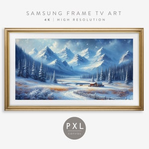 Samsung Frame TV Art Snowy Cabin | Frame TV Art Winter | Cabin in Snow Frame TV Art | Frame Tv Art | Mountains