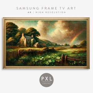 Samsung Frame TV Art St Patrick&#39;s Day Shamrocks | Frame TV Art St Patrick&#39;s Day | Irish Countryside Oil Painting Frame TV Art | Shamrock