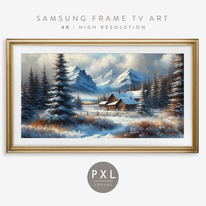 Samsung Frame TV Art Snowy Cabin | Frame TV Art Winter | Cabin in Snow Frame TV Art | Frame Tv Art | Mountains
