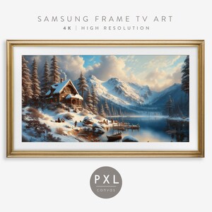 Samsung Frame TV Art Snowy Cabin | Frame TV Art Winter | Cabin in Snow Frame TV Art | Frame Tv Art | Mountains | Icy Lake
