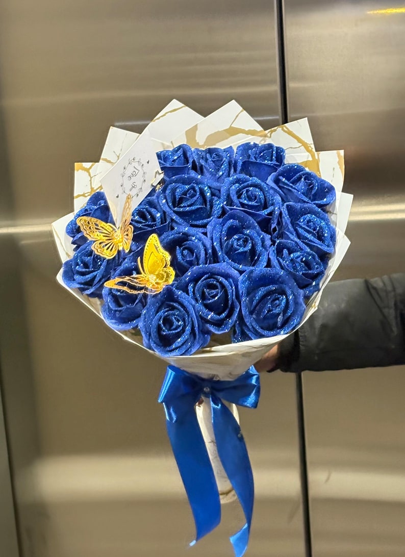 Blue Sparkle Roses Blue Glitter Rose Bouquet - Etsy