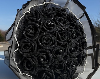 Ramo artificial de rosas negras con purpurina y broches de diamantes, flores de cumpleaños, regalo de aniversario, regalo del Día de la Madre, ramo de lujo personalizado.
