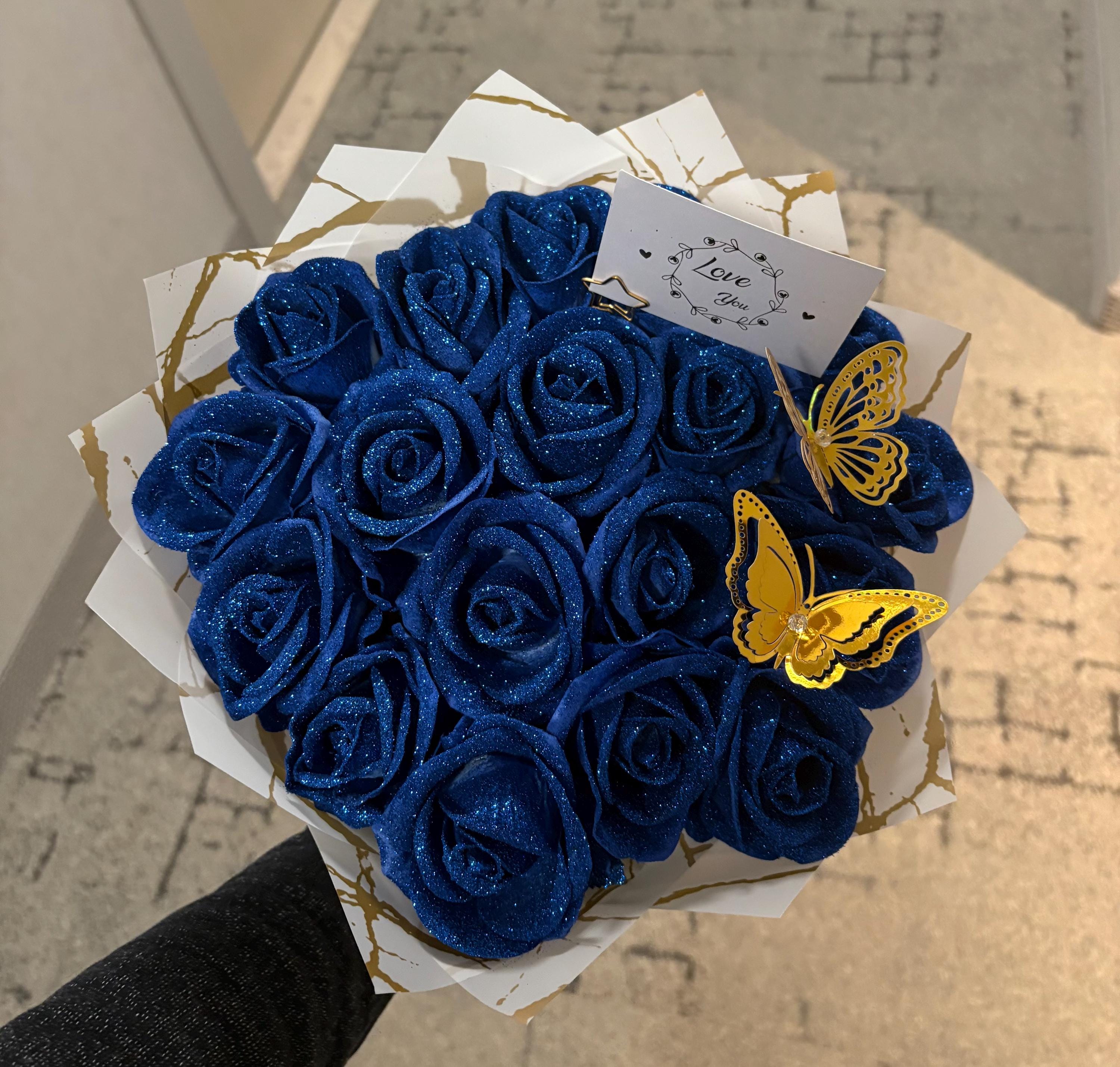 Blue Sparkle Roses Blue Glitter Rose Bouquet - Etsy