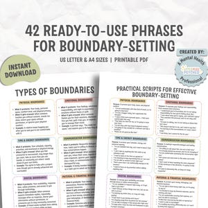 May include: A printable PDF with 42 ready-to-use phrases for boundary-setting. The document is available in US Letter and A4 sizes. It includes sections on types of boundaries and practical scripts for effective boundary-setting.