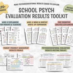 May include: A digital toolkit titled School Psych Evaluation Results Toolkit with 120+ pages. It includes WISC-V explainers, index write-up companions, CHC cognitive abilities explainers, parent-friendly assessment visuals, and a meeting toolkit.