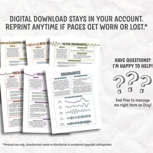 May include: A collection of printable educational sheets about brainwaves, featuring text and diagrams. The sheets are labeled with different brainwave types, including Gamma, Beta, Alpha, Theta, and Delta. The image also includes the text: "DIGITAL DOWNLOAD STAYS IN YOUR ACCOUNT."