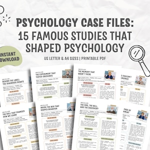 May include: A digital document titled Psychology Case Files: 15 Famous Studies That Shaped Psychology, featuring US Letter and A4 sizes as a printable PDF. The layout includes multiple pages detailing psychological studies with text and images.