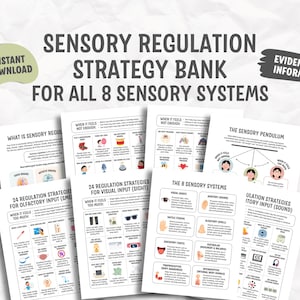 May include: A collection of printed pages titled Sensory Regulation Strategy Bank for All 8 Sensory Systems. The documents feature charts, diagrams, and icons explaining sensory processing, including sections on visual, auditory, and olfactory input.