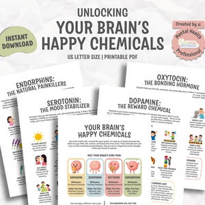 May include: A printable PDF, US Letter size, titled "Unlocking Your Brain's Happy Chemicals". It details endorphins, serotonin, oxytocin, and dopamine. The design includes illustrations and text, with a "Mental Health Professional" seal.
