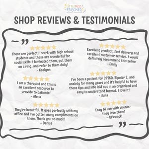May include: A graphic with the text "SHOP REVIEWS & TESTIMONIALS" and customer reviews. The reviews are in a handwritten style, with star ratings and quotes from customers. The logo "LITTLEMISS PSYCHED" is at the top.