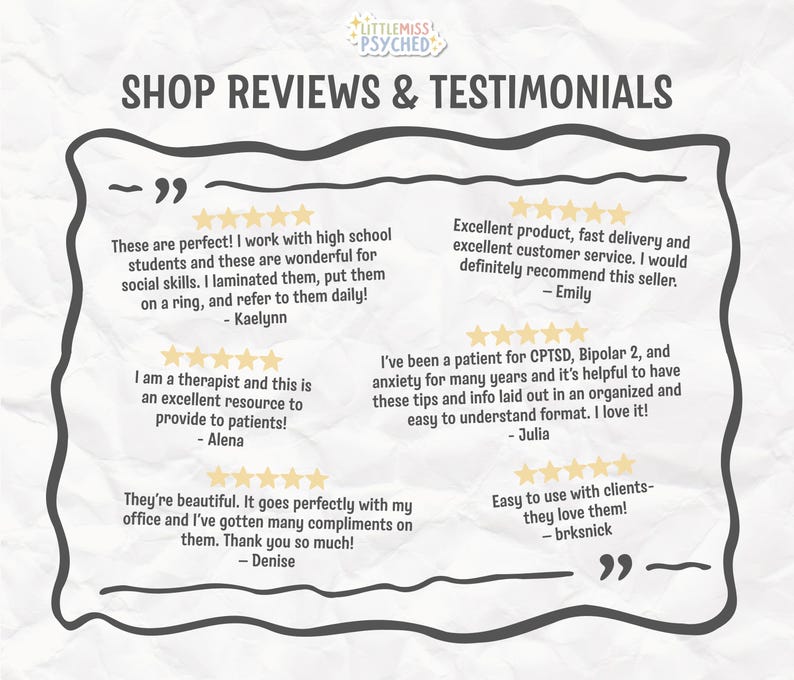 May include: A graphic with the text "SHOP REVIEWS & TESTIMONIALS" and customer reviews. The reviews are in a handwritten style, with star ratings and quotes from customers. The logo "LITTLEMISS PSYCHED" is at the top.