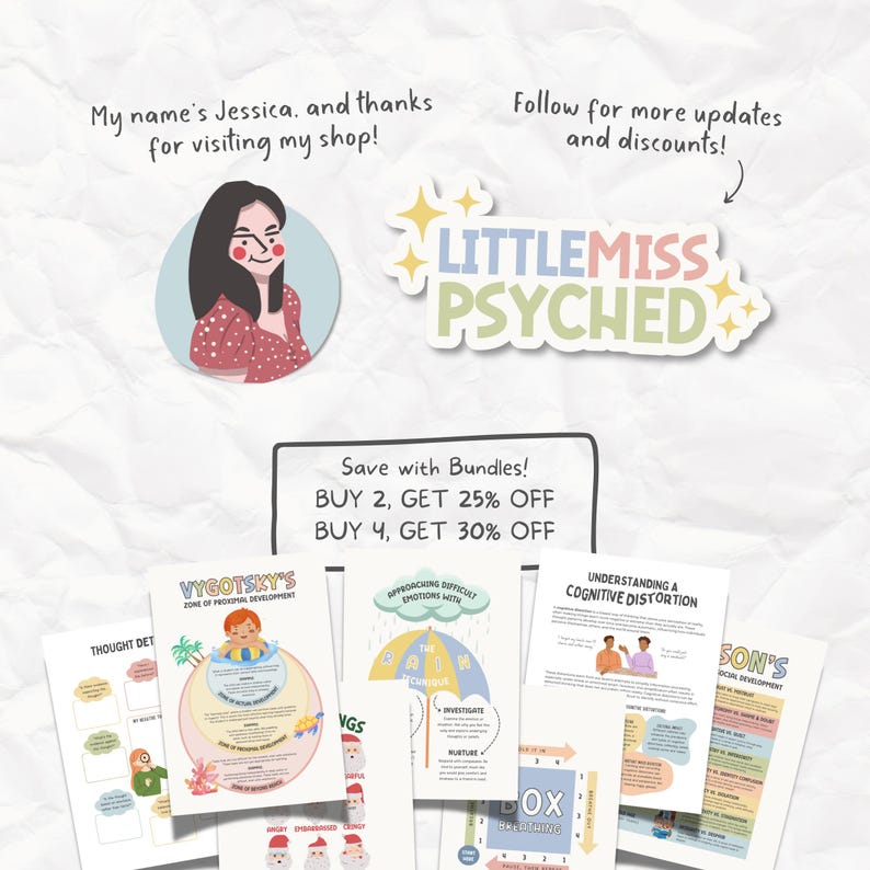 May include: A collection of printable educational resources for children, including a chart about Vygotsky's Zone of Proximal Development, a chart about approaching difficult emotions, a chart about cognitive distortions, and a chart about understanding a child's social development. The text "Little Miss Psyched" is visible in the image. The text "Save with Bundles! Buy 2, Get 25% Off. Buy 4, Get 30% Off" is also visible in the image.
