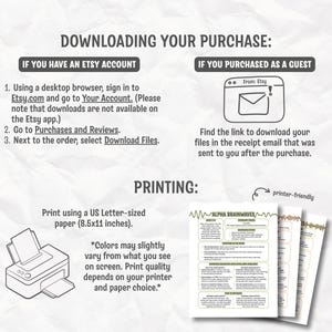 May include: A guide with instructions for downloading a purchase from Etsy, including steps for Etsy account holders and guests. The guide also provides printing instructions for US Letter-sized paper (8.5x11 inches). Includes a printer-friendly icon and a sample of "Alpha Brainwaves" printables.