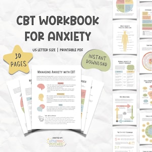 Manual de TCC para la ansiedad, Hojas de trabajo de TCC, Hojas de trabajo de terapia, Diario de ansiedad, Alivio de la ansiedad, Técnicas de TCC, Habilidades de afrontamiento