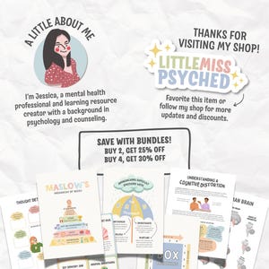 May include: A collection of educational posters with titles like "Maslow's Hierarchy of Needs" and "Understanding a Cognitive Distortion." The image also includes a logo that says "Little Miss Psyched" and text that says "Save with Bundles!"