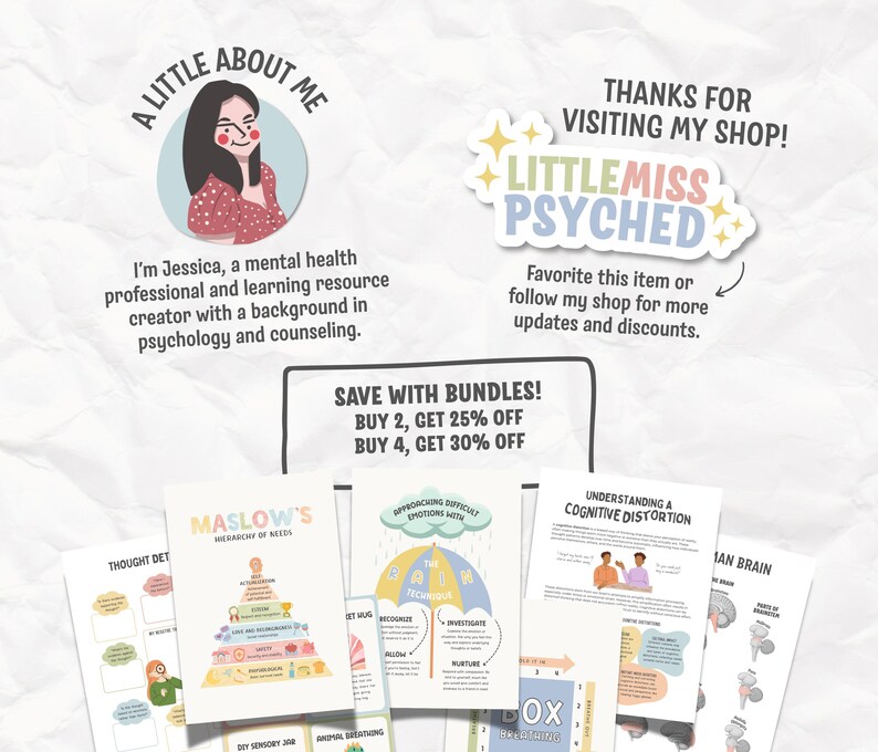 May include: A collection of educational posters with titles like "Maslow's Hierarchy of Needs" and "Understanding a Cognitive Distortion." The image also includes a logo that says "Little Miss Psyched" and text that says "Save with Bundles!"
