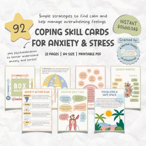 92 Tarjetas imprimibles de habilidades de afrontamiento y psicoeducación sobre ansiedad y estrés, TCC, TCD, trabajador social, psicólogo escolar, consejero, tarjeta de conexión a tierra