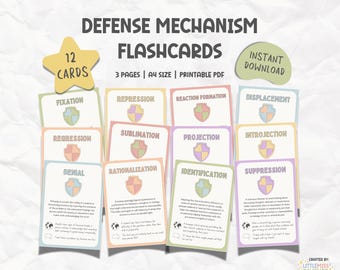 Defense Mechanism Printable Flashcard, Therapy Tool, For School Psychologist, Counselor, Social Worker, Freud Psychoanalysis, Anxiety Trauma