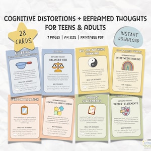 Tarjetas imprimibles sobre distorsiones cognitivas, recursos de terapia cognitivo-conductual, alivio del estrés y la ansiedad, estrategias de afrontamiento, TCD, EMDR