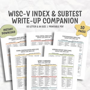 以下が含まれることがあります： 「WISC-V Index & Subtest Write-Up Companion」と題された、印刷可能なPDFドキュメントのコレクション。処理速度、視覚空間、流動的推論などのインデックスに関する情報が含まれています。USレターとA4サイズで利用可能で、10ページです。