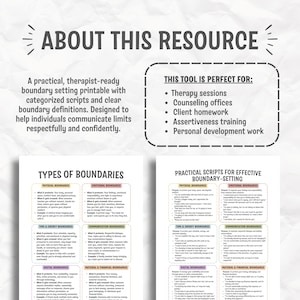 May include: A printable resource titled "ABOUT THIS RESOURCE" with text about boundary setting. The resource includes categorized scripts and clear boundary definitions. It is designed to help individuals communicate limits respectfully and confidently.