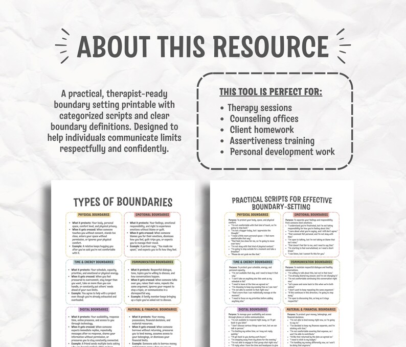 May include: A printable resource titled "ABOUT THIS RESOURCE" with text about boundary setting. The resource includes categorized scripts and clear boundary definitions. It is designed to help individuals communicate limits respectfully and confidently.