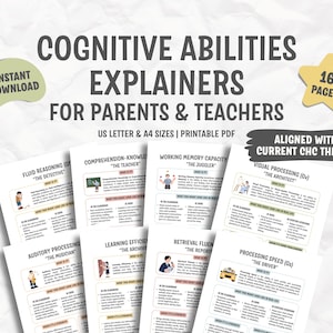 May include: A digital document titled Cognitive Abilities Explainers for Parents & Teachers, featuring 16 pages of printable PDF content. It includes sections on fluid reasoning, comprehension, working memory, and visual processing with illustrations.