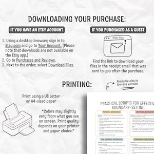 May include: A white paper with instructions on downloading a purchase from Etsy. The text includes steps for Etsy account holders and guests, along with printing instructions for US Letter or A4 paper.