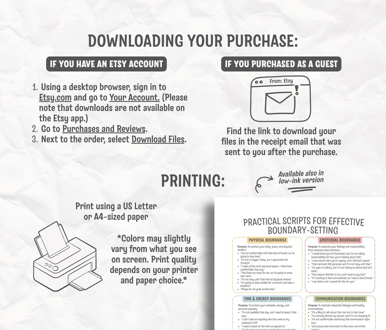 May include: A white paper with instructions on downloading a purchase from Etsy. The text includes steps for Etsy account holders and guests, along with printing instructions for US Letter or A4 paper.