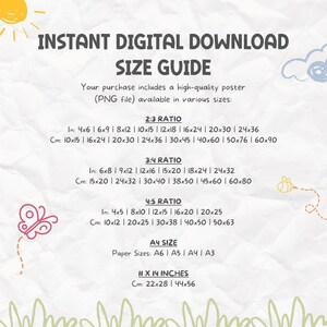 May include: A digital download size guide for a poster. The guide shows different sizes in inches and centimeters, with ratios of 2:3, 3:4, and 4:5. It also includes A4 size and 11x14 inches.