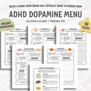 May include: A printable ADHD Dopamine Menu PDF set featuring 16 pages of structured activity planning templates. The documents include sections for appetizers, entrées, sides, desserts, and specials, with text headers and icons for typical time and energy.