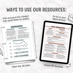 May include: A digital tablet and a US Letter-sized paper with the text "BRAINWAVES" and "WAYS TO USE OUR RESOURCES". The tablet displays information about theta brainwaves. The paper shows the five main types of brainwaves. The image includes a pencil and a crown.