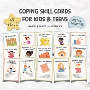 May include: 60 printable coping skill cards for kids and teens. The cards feature colorful illustrations and positive messages to help children manage their emotions and develop healthy coping mechanisms.  The cards are designed to be used as a tool for self-regulation, stress management, and emotional well-being.