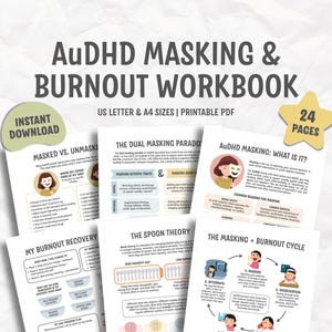 May include: A printable PDF workbook titled "AuDHD Masking & Burnout Workbook" with the text "Instant Download." The workbook includes pages on masking, burnout recovery, and the spoon theory. The cover features a star-shaped graphic with "24 Pages."