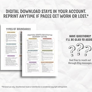 May include: Two white printable pages with text on a light background. One page lists "TYPES OF BOUNDARIES" and the other "PRACTICAL SCRIPTS FOR EFFECTIVE BOUNDARY-SETTING." The image also includes the text "DIGITAL DOWNLOAD STAYS IN YOUR ACCOUNT. REPRINT ANYTIME IF PAGES GET WORN OR LOST.*"