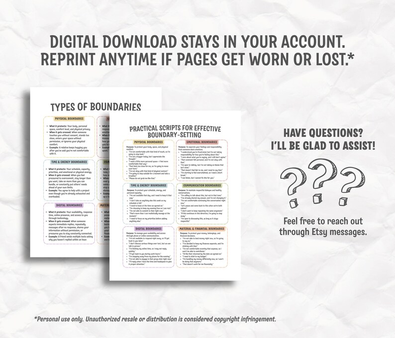 May include: Two white printable pages with text on a light background. One page lists "TYPES OF BOUNDARIES" and the other "PRACTICAL SCRIPTS FOR EFFECTIVE BOUNDARY-SETTING." The image also includes the text "DIGITAL DOWNLOAD STAYS IN YOUR ACCOUNT. REPRINT ANYTIME IF PAGES GET WORN OR LOST.*"