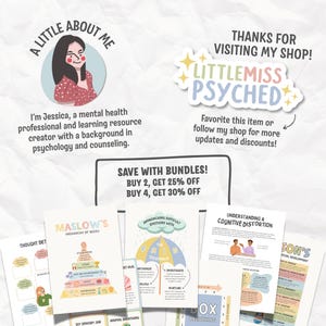 May include: A collection of educational mental health resources. The image includes a logo with the text "LITTLEMISS PSYCHED" and the phrase "Thanks for visiting my shop!" Also, there are several educational posters with titles like "Maslow's Hierarchy of Needs."