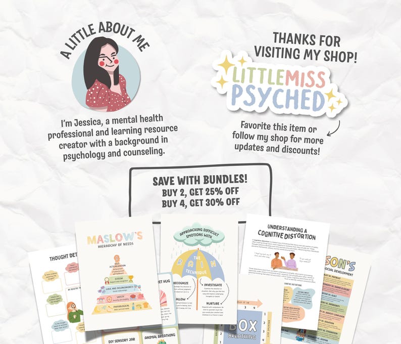 May include: A collection of educational mental health resources. The image includes a logo with the text "LITTLEMISS PSYCHED" and the phrase "Thanks for visiting my shop!" Also, there are several educational posters with titles like "Maslow's Hierarchy of Needs."