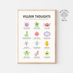 Póster imprimible sobre el pensamiento del villano, trampa del pensamiento, distorsión cognitiva, impresión de pared para la oficina de terapia infantil, psicólogo escolar, trabajador social
