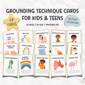 60 tarjetas imprimibles con técnicas de conexión a tierra para niños y adolescentes, recursos para terapeutas de TCC y TCD, regulación emocional, TEPT, rincón de calma
