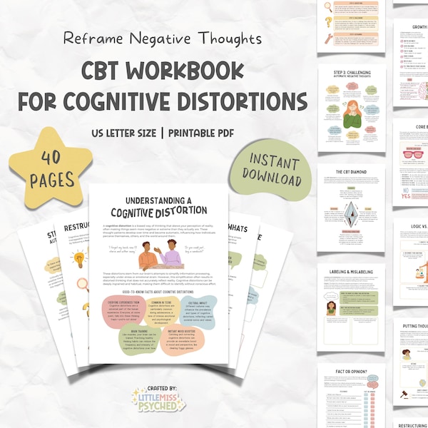 CBT Workbook Cognitive Distortion, CBT Worksheets, Therapy Worksheet, Therapy Tools, School Counselor, School Psychologist, Therapist Office