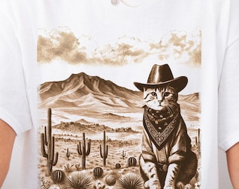 Desert Cowboy Cat Shirt, Retro Cowboy Cat Tee, Western Cat T-Shirt, Funny Cat Lover Gift, Vintage Desert Graphic Tee