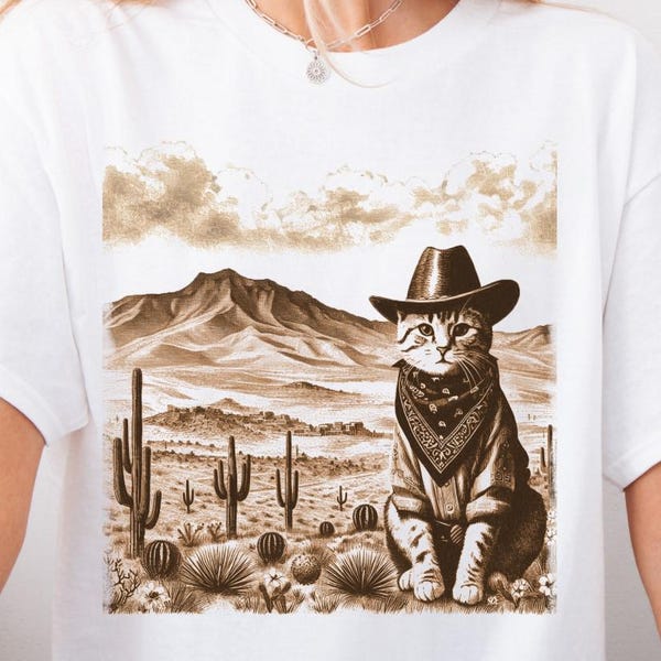 Desert Cowboy Cat Shirt, Retro Cowboy Cat Tee, Western Cat T-Shirt, Funny Cat Lover Gift, Vintage Desert Graphic Tee