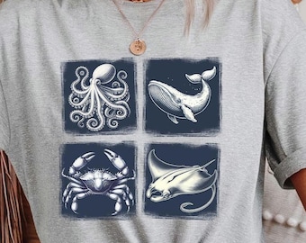 Sea Animal Vintage jaren 90 T-shirt, zeedieren retro T-shirt T-shirt T-shirt, natuurdieren Ocean Life T-shirt, Whale Crab Octopus Manta Ray top