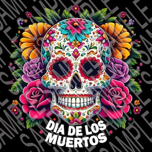 以下が含まれることがあります： 黒い背景に、バラやヒマワリなどの花のアクセントが付いたカラフルなシュガースカルのデザイン。「Dia de los Muertos」の文字が白で表示されています。スカルは複雑な模様と鮮やかな色で装飾されています。