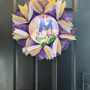 He Is Risen Easter Wreath: Purple Floral Cross, Front Door Decor