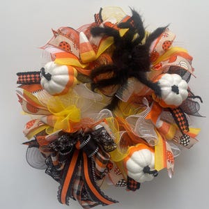 Halloween Candy Corn Wreath with Pumpkins and Spider – Handmade Holiday Door Decor, Halloween Wreath, Candy Corn Wreath, Spider Front Door