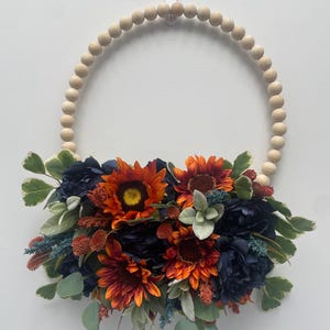 Beaded Front Door Fall Wreath,Blue and Orange Front Door Wreath,Floral Fall Door Hanger,Beaded Fall Front Door Wreath  Handmade Fall Wreath